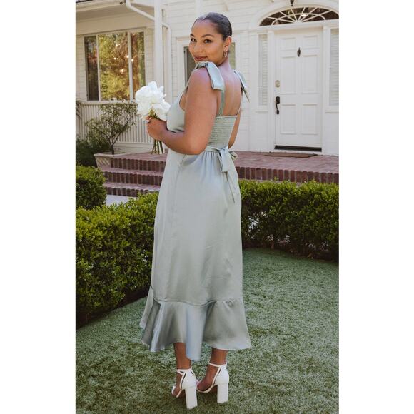 Show Me Your Mumu Claire Midi Dress in Silver Sage Luxe Satin L NWT - Picture 2 of 6